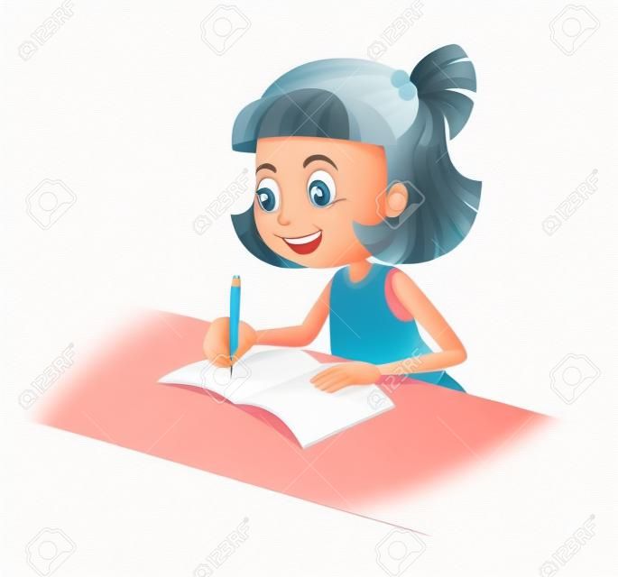 Illustratie van een gelukkig meisje schrijven op een witte achtergrond