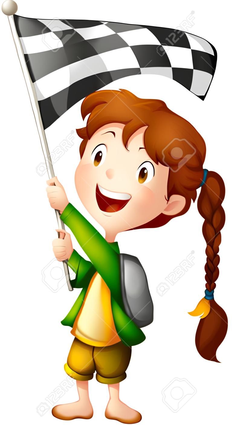Illustration of a smiling kid holding a flag on a white background
