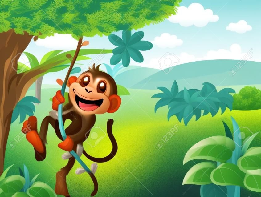 Ilustración de un mono que cuelga y una hermosa naturaleza