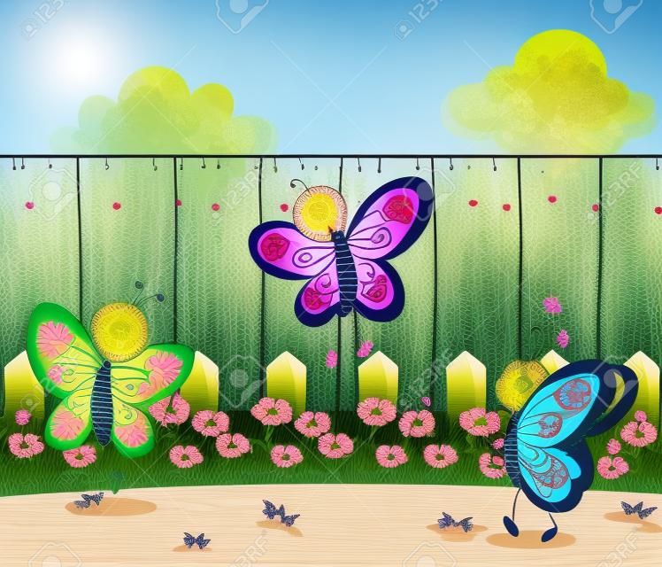 Illustration de papillons dans le jardin clôturé