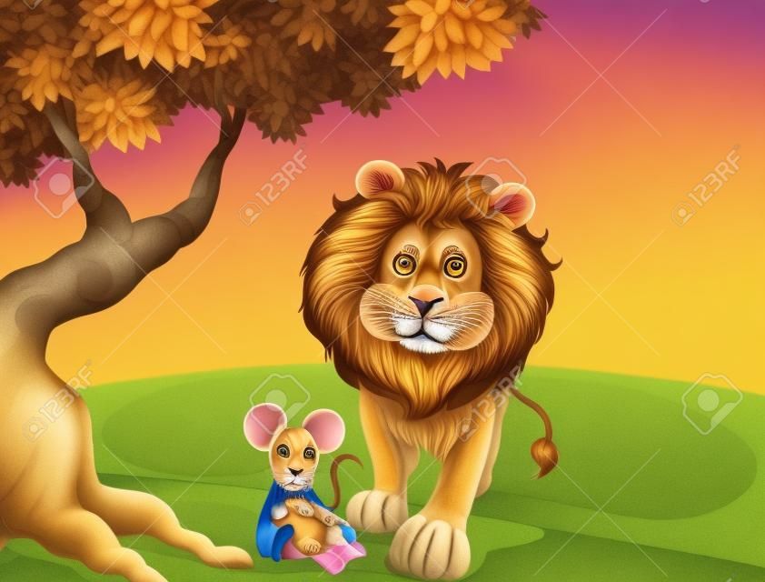 Ilustración de un león y un ratón
