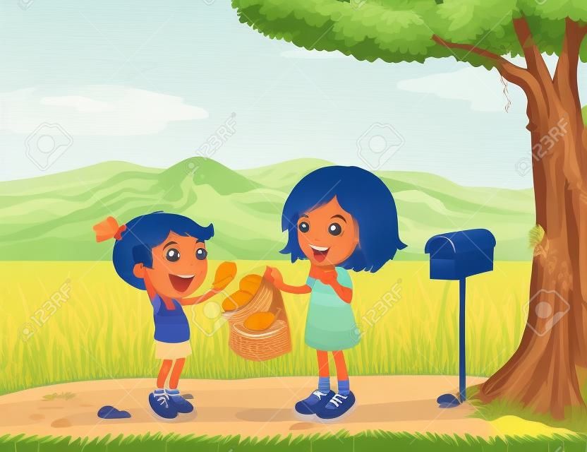 Ilustración de una niña compartiendo su pan cerca de un buzón