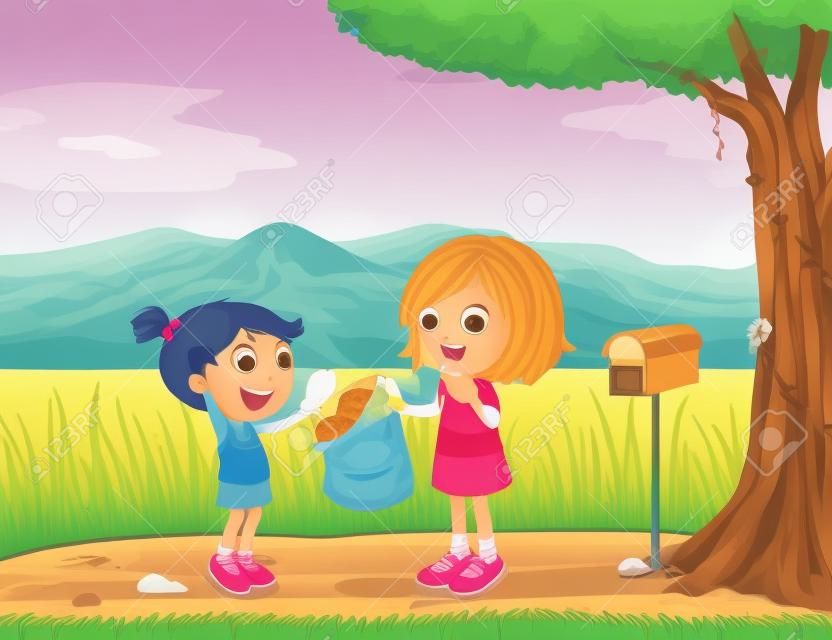 Ilustración de una niña compartiendo su pan cerca de un buzón