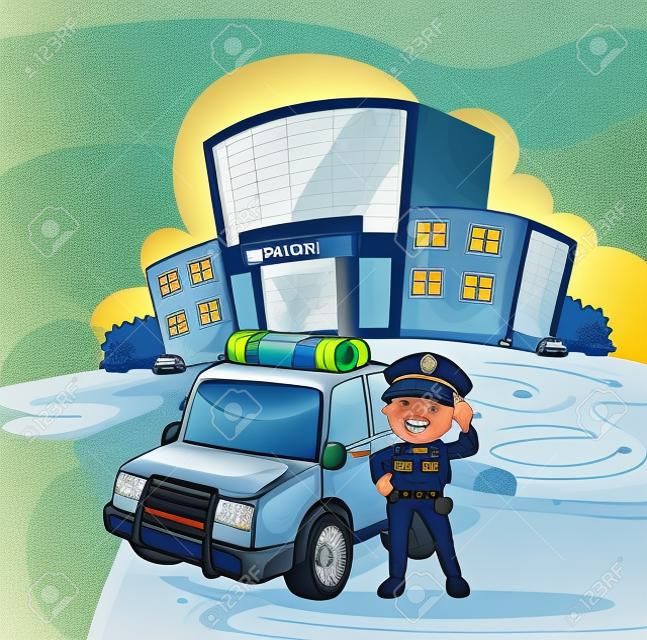 Illustratie van een patrouillewagen en de politieman bij de school