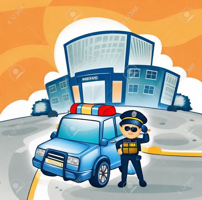 Illustratie van een patrouillewagen en de politieman bij de school