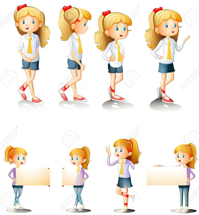 Illustration eines Mädchens mit verschiedenen Positionen auf einem weißen Hintergrund