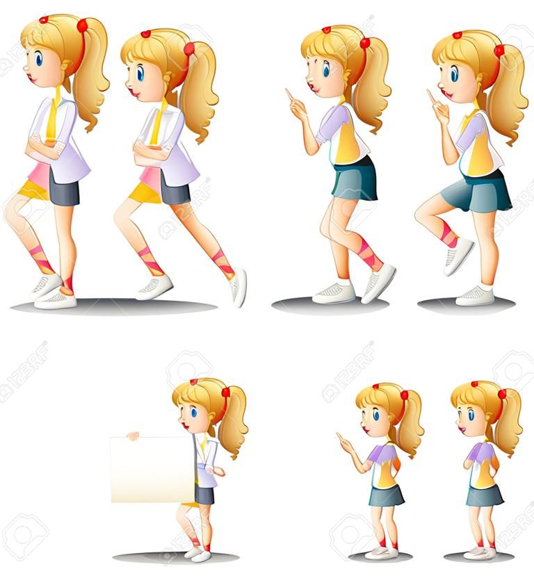 Illustration eines Mädchens mit verschiedenen Positionen auf einem weißen Hintergrund