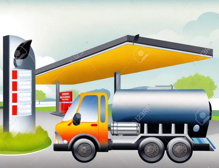 Illustration of an oil tanker in front of a gasoline station
