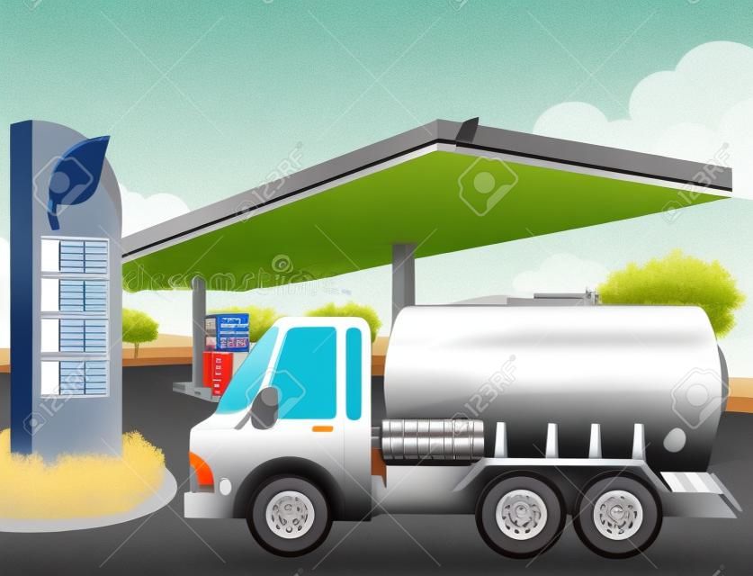 Illustration eines Öltankers vor einer Tankstelle