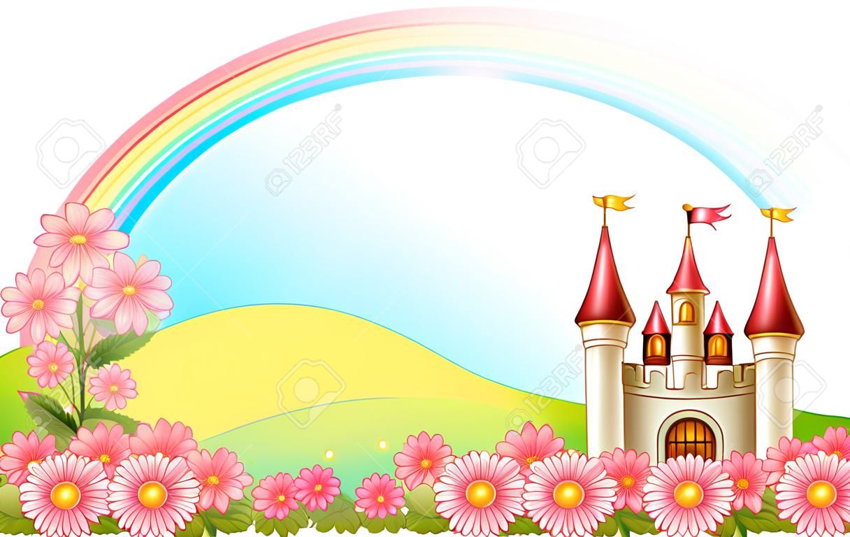 Illustration of a castle with blooming flowers on a white background