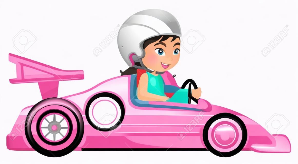 Ilustración de una muchacha que monta en un coche de carreras de color rosa sobre fondo blanco