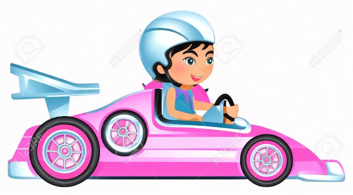 Ilustración de una muchacha que monta en un coche de carreras de color rosa sobre fondo blanco