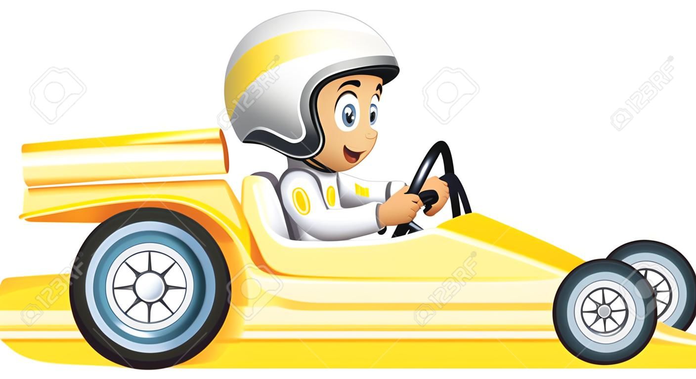 Illustration of a boy riding in a yellow racing car on a white background