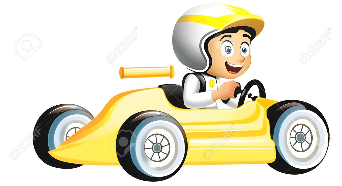 Illustration of a boy riding in a yellow racing car on a white background