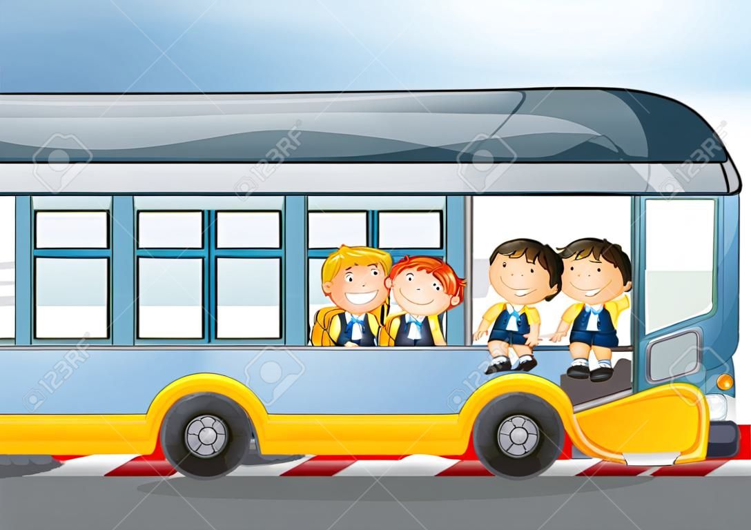Illustration of a yellow school bus and the three kids