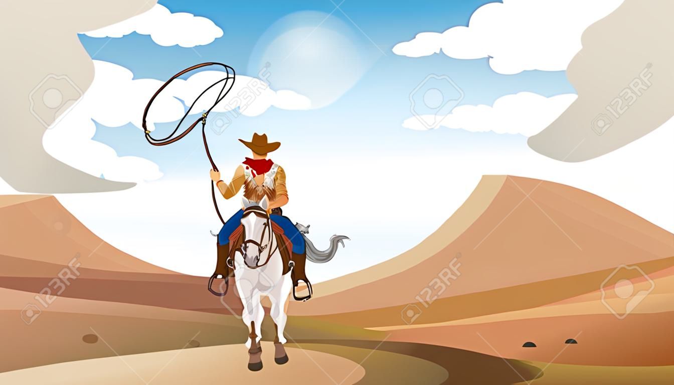 牛仔的插圖與馬在沙漠中