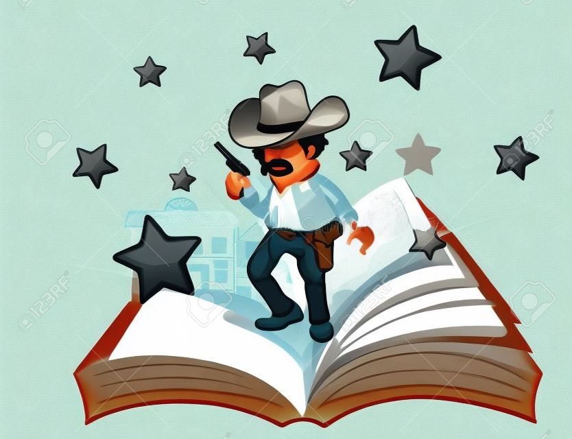 Illustration of an open book with an armed cowboy on a white background