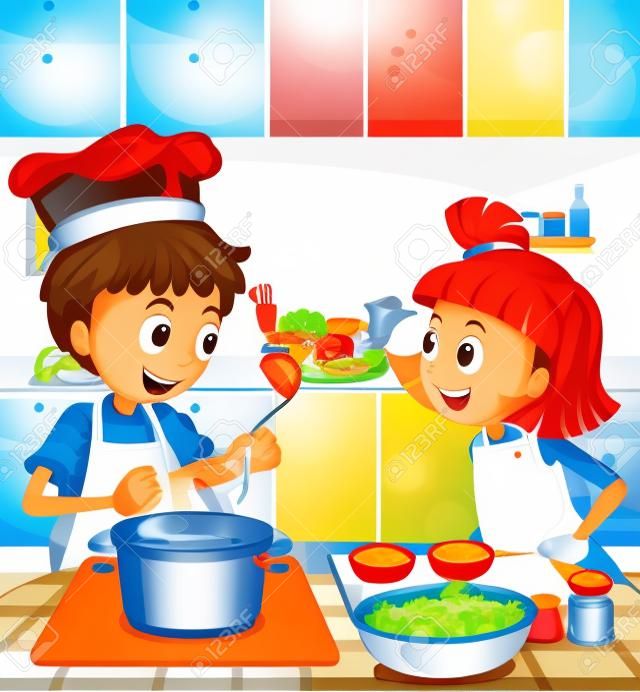 Ilustración de la cocina los niños en la cocina