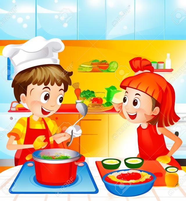 插圖在廚房做飯的孩子們