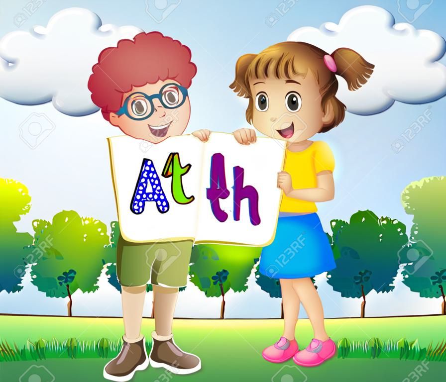 Иллюстрация девочка и мальчик держит математическую вывесок
