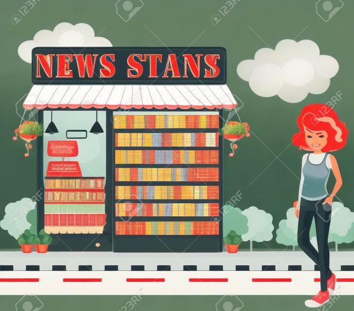 Illustration of a lady standing beside the news stand