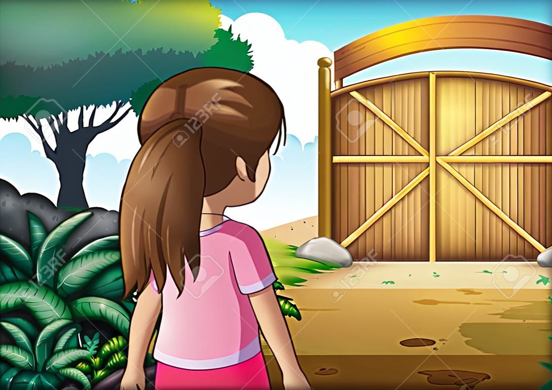 Ilustración de una niña con una camisa de color rosa va a la puerta