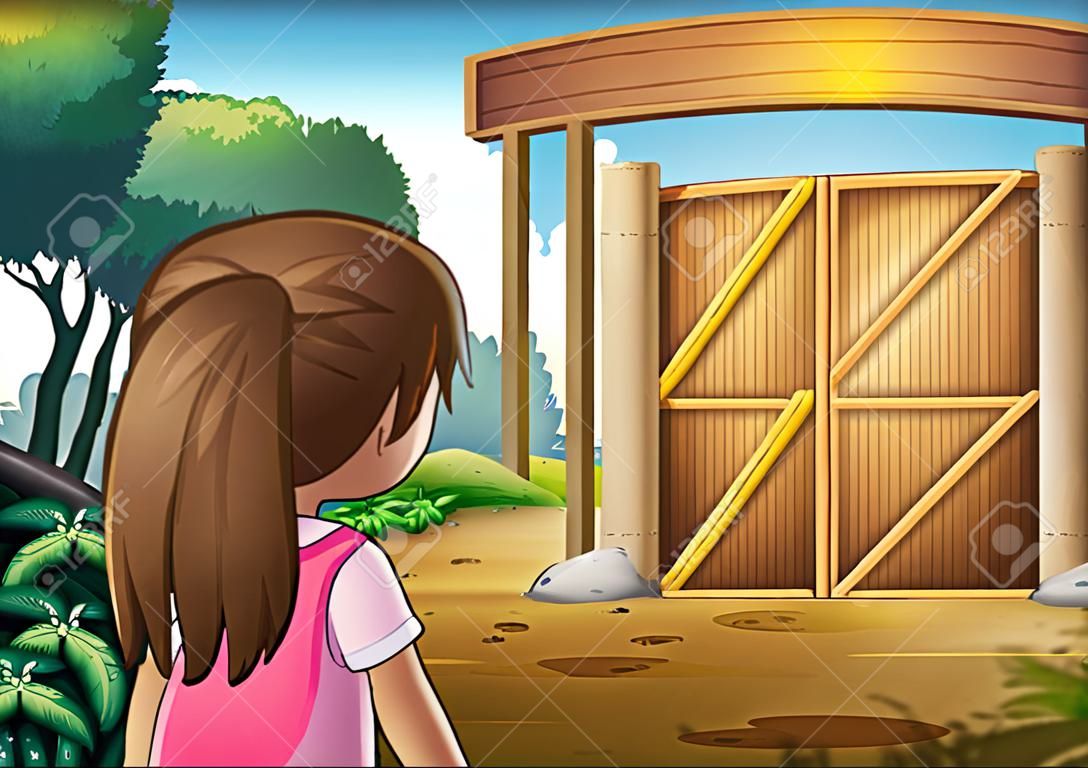 Ilustración de una niña con una camisa de color rosa va a la puerta