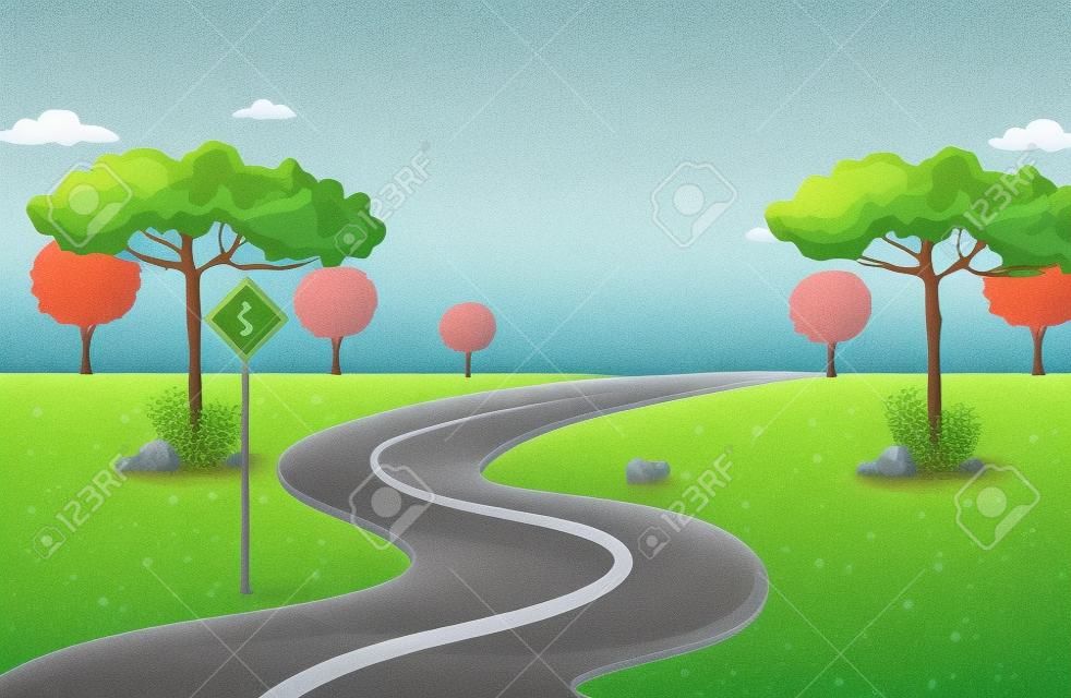 Illustrazione di una strada lunga e tortuosa la foresta