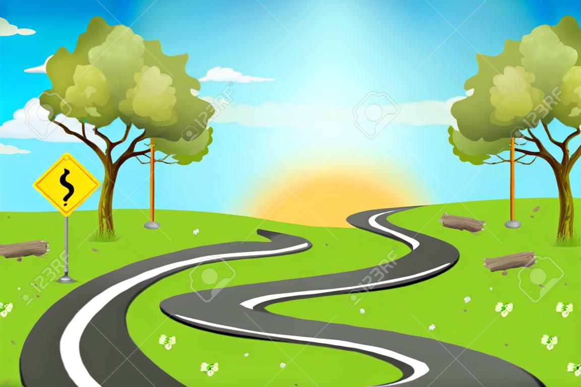Illustration of a long and winding road at the forest