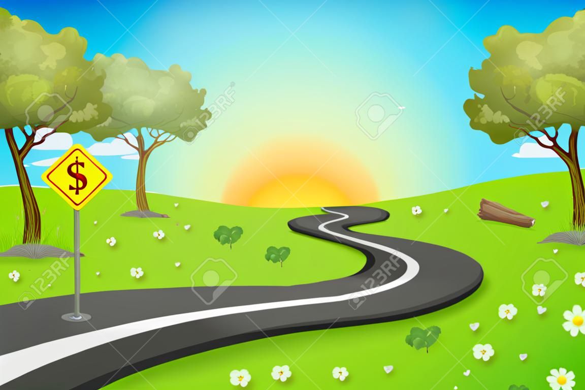 Illustration of a long and winding road at the forest