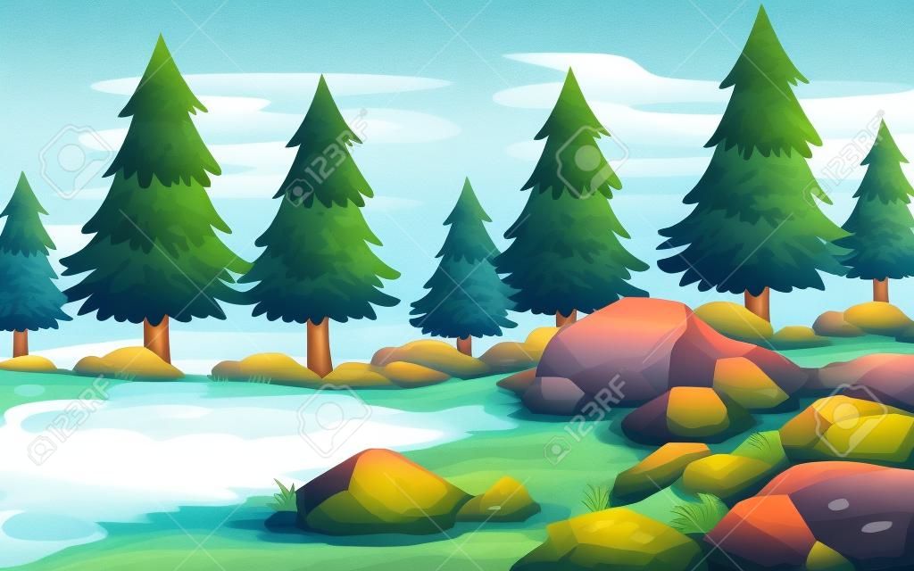 Illustration of the big stones and pine trees