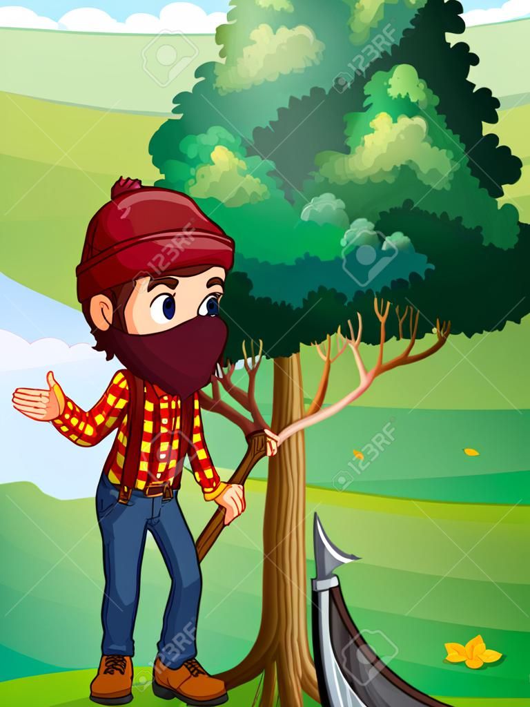 Illustration of a lumberjack near the tree
