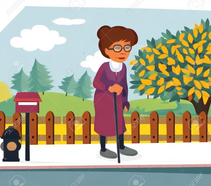 Illustration of an old woman at the street with a cane standing near the mailbox