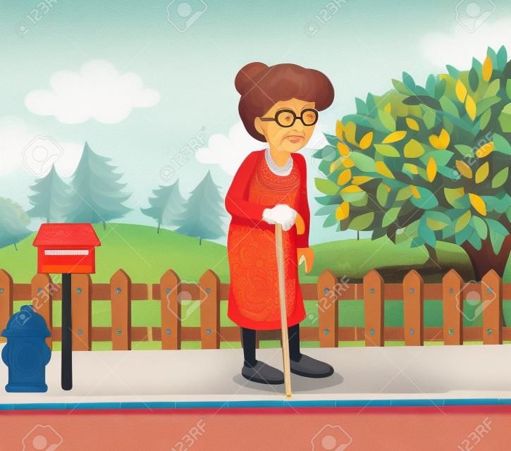 Illustration of an old woman at the street with a cane standing near the mailbox