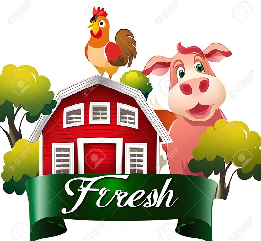 Illustration of a farm fresh label with a farmhouse and farm animals on a white background