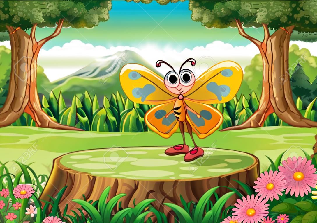 Illustration of a butterfly above the stump at the forest