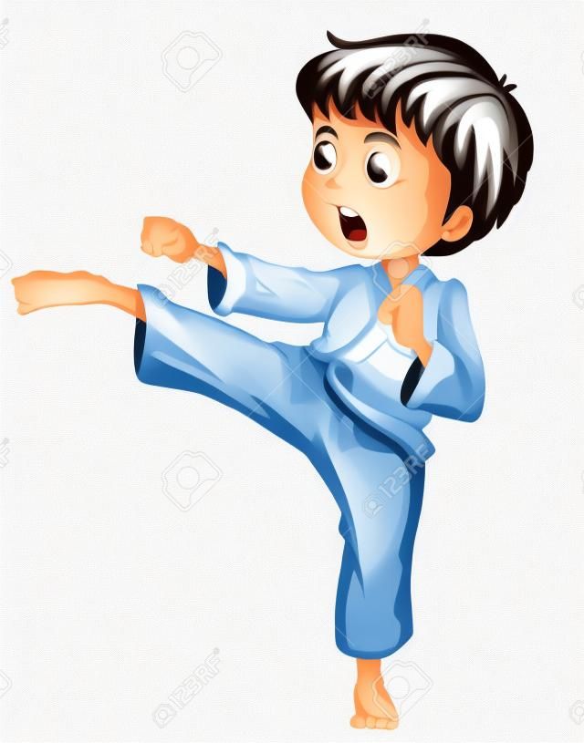 Ilustración de un muchacho valiente haciendo sus movimientos de karate sobre un fondo blanco