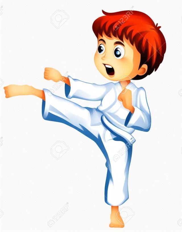 Illustrazione di un ragazzo coraggioso che fa il suo karate si muove su uno sfondo bianco