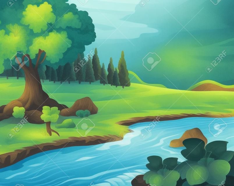 Illustration of the flowing river at the forest