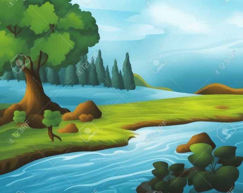 Ilustración del río que fluye en el bosque