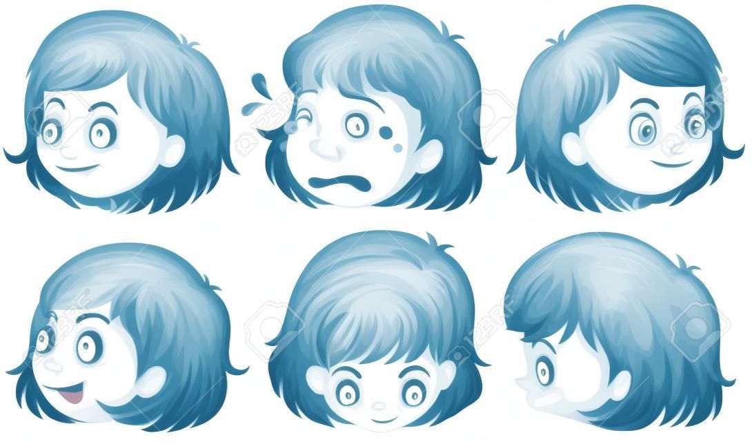Illustration des différentes expressions du visage sur un fond blanc