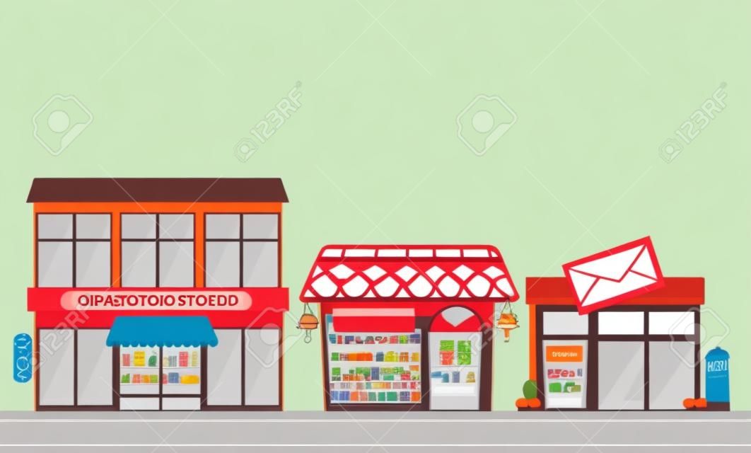 Ilustración de muchas tiendas en la calle