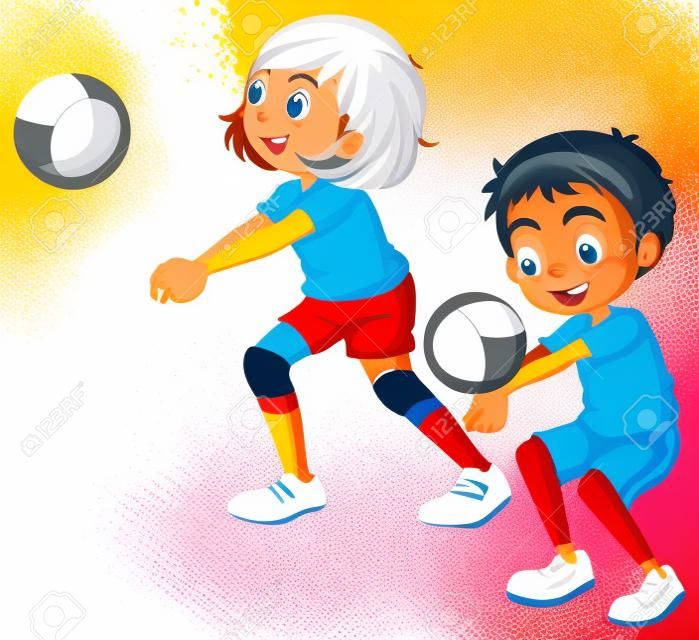 Ilustración de los niños jugando al voleibol en un fondo blanco