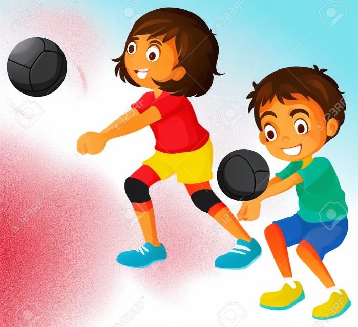 Ilustración de los niños jugando al voleibol en un fondo blanco