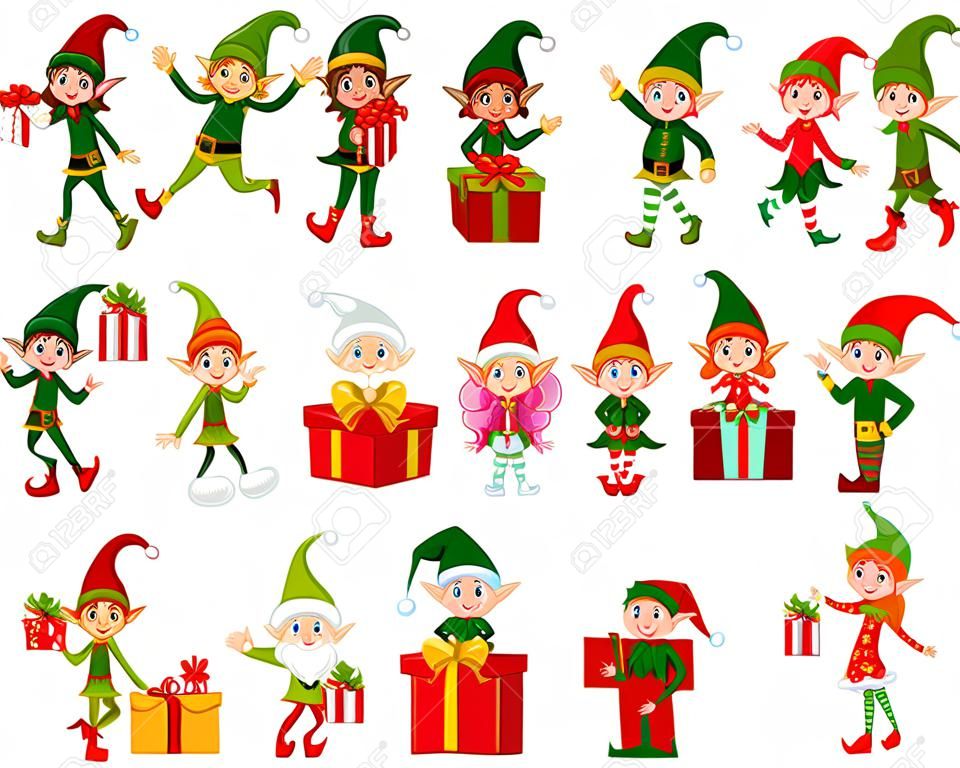 Illustrazione di molti elfi con regali