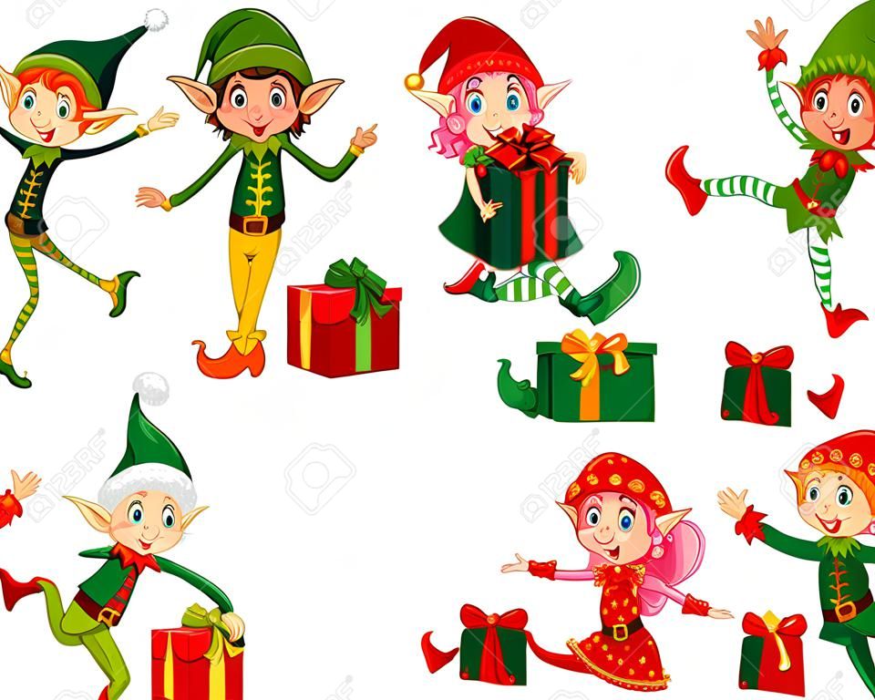 Illustratie van vele elfen met cadeaus