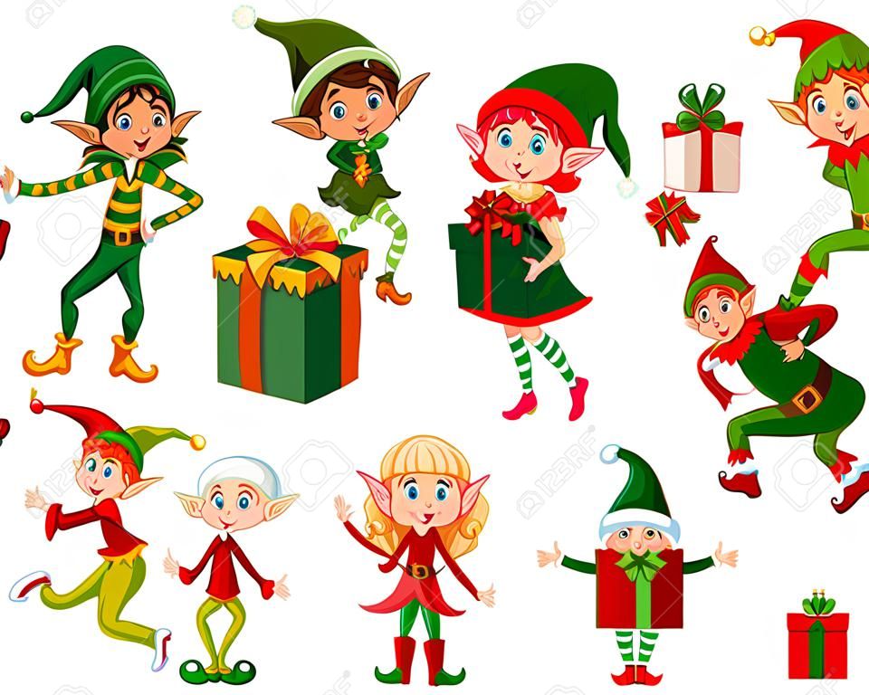 Illustration of many elfs with presents