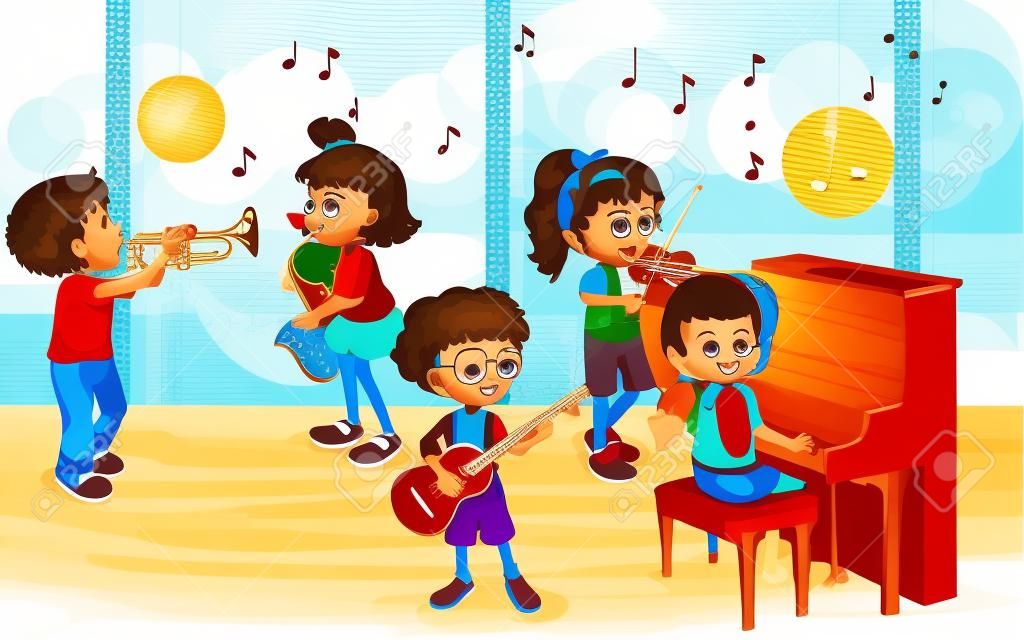 Illustration of children playing music instrument