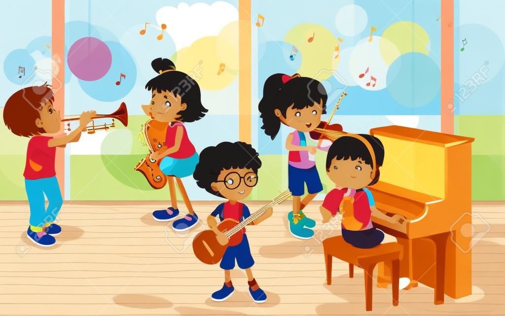Illustration von Kinder spielen Musikinstrument