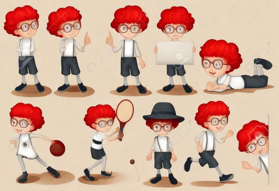 Ilustración de un niño cabeza de color rojo en una posición diferente